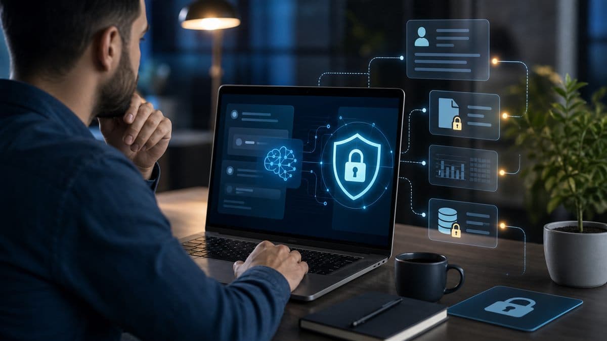 Proteger dados na IA com cadeado digital e interface de inteligência artificial